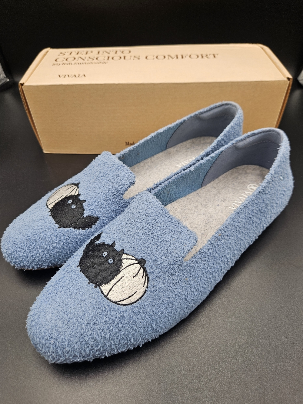 VIVAIA Audrey Blue Terry Knit Flats Cat Pumpkin Embroidery EU 40 / US 9 Soft - Picture 2 of 10